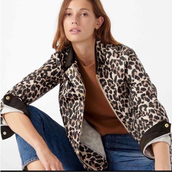 J Crew Barn Jacket Rain Utility Leopard Print Coat Brown Black Ivory Size XS - Picture 2 of 16